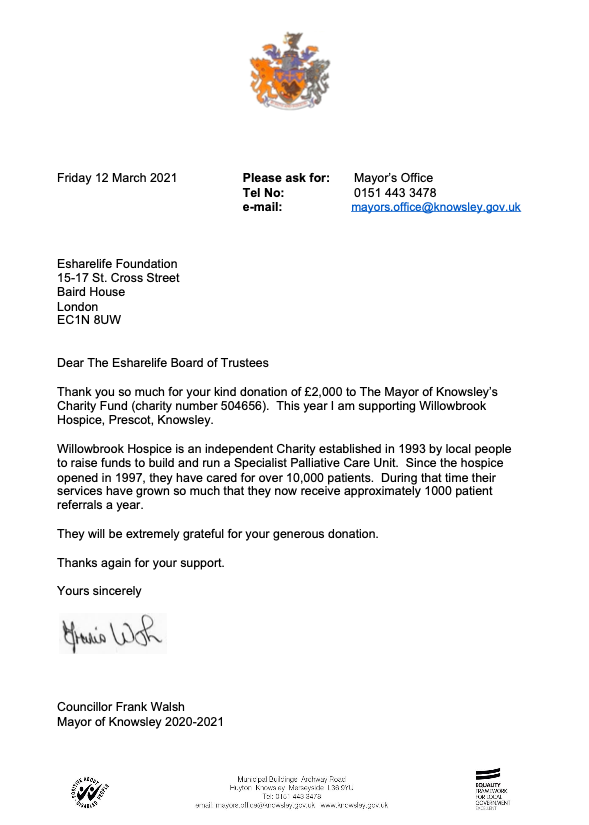 Mayor of Knowsley letter of appreciation