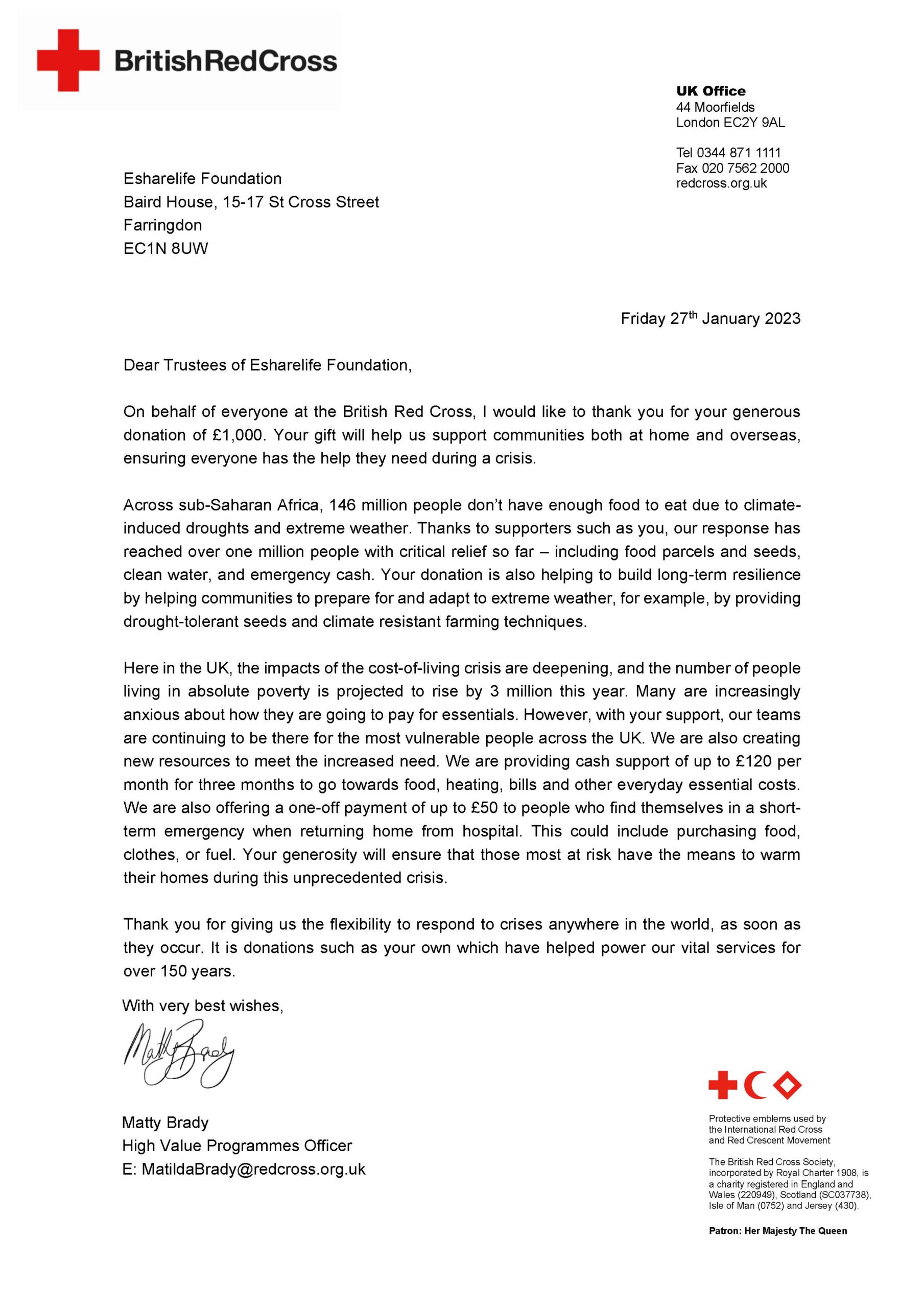 British Red Cross thank you letter to Esharelife